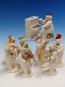 EIGHT ROYAL DOULTON SNOWMAN MUSICIANS AND A PIANO. H 14.5cms