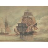 19th.C.ENGLISH SCHOOL. A PAIR OF MARINE SCENES OF A NAVAL ENGAGEMENT, WATERCOLOURS. 27.5 x 45cms.