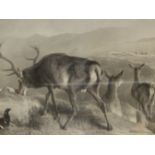 AFTER SIR EDWIN LANDSEER, AN ANTIQUE FOLIO ENGRAVING STALKING DEER IN THE HIGHLANDS IN MAPLE