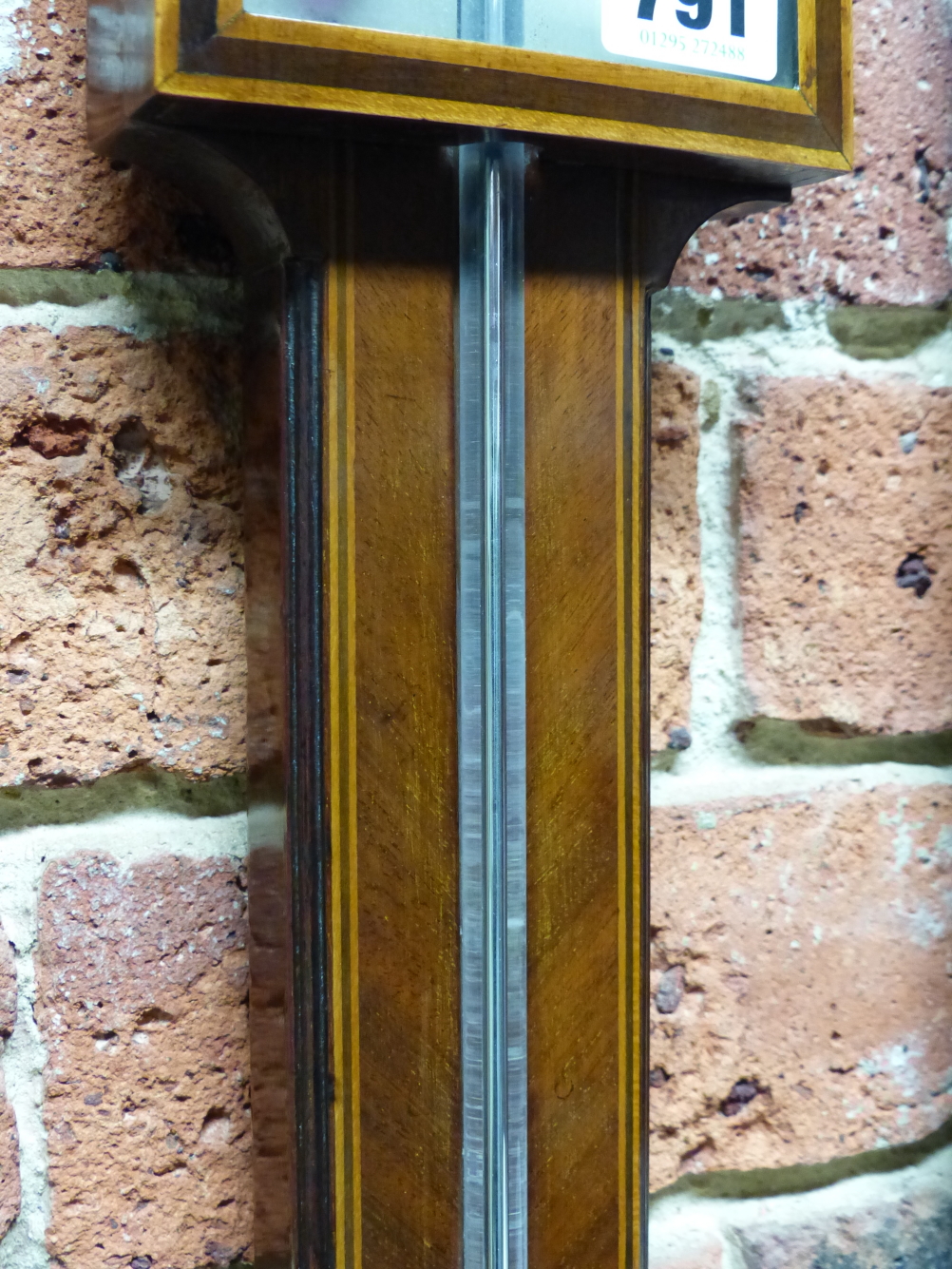 AN EARLY 19th.C.MAHOGANY AND INLAID CASED STICK BAROMETER TURNED RESERVOIR COVER, EXPOSED STEM AND - Image 9 of 10