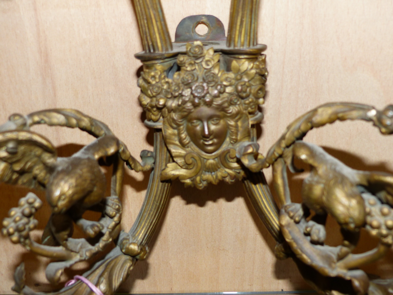 A PAIR OF ORMOLU TWO BRANCH WALL LIGHTS TOGETHER WITH A HANDBELL, THE FORMER WITH BACK PLATES TOPPED - Image 12 of 12