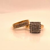 AN 18ct SQUARE MULTI DIAMOND CLUSTER, FINGER SIZE N, TOGETHER WITH A FURTHER 18ct TWO ROW MULTI