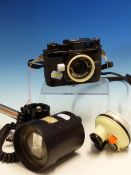 A RARE NIKONOS III UNDER WATER CAMERA, A TOSHIBA UNDERWATER FLASHGUN, A SEKONIC MARINE LIGHT METER