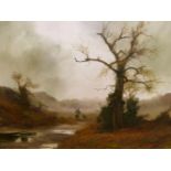 JOHN TRICKETT. (1933-****) ARR. IN THE RISING MIST, SIGNED OIL ON CANVAS. 61 x 76cms.