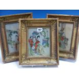 THREE GILT FRAMED CHINESE WATERCOLOUR PAINTINGS DEPICTING FIGURES IN INTERIORS. H 18 x 13.5cms.