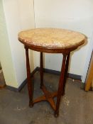 A MARBLE TOPPED OAK TABLE, THE FOUR REEDED SPINDLE LEGS JOINED BY A CROSS STRETCHER CENTRED BY A