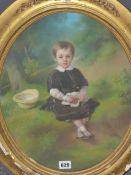 P.JOURDY. (1805-1856) AN OVAL PORTRAIT OF A CHILD HOLING BERRIES, SIGNED PASTEL. 42 x 34cms.