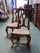 A PAIR OF EARLY 18th C. STYLE WALNUT SIDE CHAIRS, THE PIERCED BALUSTER SPLATS ABOVE DROP IN SEATS,