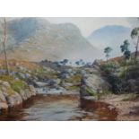 EARLY 20th.C.SCOTTISH SCHOOL. A HIGHLAND LOCH, SIGNED INDISTINCTLY WATERCOLOUR. 37 x 52cms