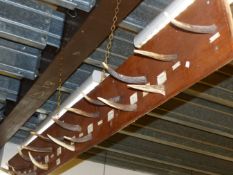 AN OAK MOUNTED RACK OF STAG ANTLER POINTS AS COAT HOOKS, EACH WITH LOCATION AND DATES TO INCLUDE BEN