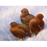 RODGER McPHAIL. (1953-****) ARR. THREE GROUSE IN SNOW, SIGNED OIL ON CANVAS WITH GALLERY LABEL