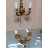 A PAIR OF GILT WOOD TWO BRANCH WALL LIGHTS, THE FLUTED NOZZLES AND ARMS SCROLLING TO THE BASES OF