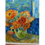 20th.C. SCHOOL. VASE OF FLOWERS, SIGNED INDISTINCTLY, OIL ON CANVAS. 46 x 38cms.