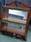 A GOOD QUALITY MAHOGANY AND INLAID WALL SHELF WITH MIRRORED BACK. W.54 x H.68cms.