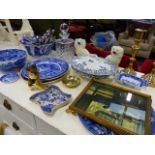 A QTY OF BLUE AND WHITE CHINAWARES, CUTLERY,ETC.