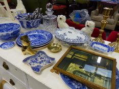 A QTY OF BLUE AND WHITE CHINAWARES, CUTLERY,ETC.