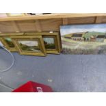 A SET OF THREE OIL PAINTINGS ON GILT FRAMES AND ONE OTHER..