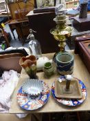 A VICTORIAN BRASS OIL LAMP , TWO IMARI DISHES,ETC.