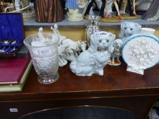 A PAIR OF POTTERY SPANIELS, BOOKS AND ORNAMENTS.