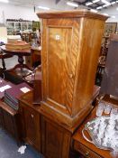 A VICTORIAN SATIN BIRCH POT CUPBOARD AND A MAHOGANY SMALL SIDE CABINET.