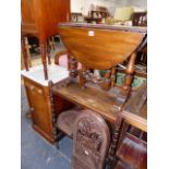 A SMALL DROP LEAF OCCASIONAL TABLE, A TEA TROLLEY AND A CARVED AFRICAN SEAT.