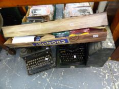 TWO VINTAGE TYPEWRITERS AND A CHILD'S VINTAGE CROQUET SET.