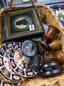 A BOX OF TREEN, SILVER BACKED BRUSHES, JEWELLERY,ETC.