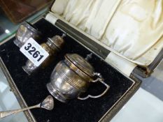 A CASED ATKINSONS SILVER THREE PIECE CONDIMENT SET