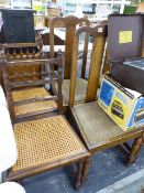 A PAIR OF FRENCH CANE SEAT SIDE CHAIRS AND FOUR OAK DINING CHAIRS.