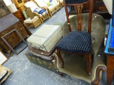 A VICTORIAN ARMCHAIR, A SIDE CHAIR AND VARIOUS LUGGAGE.