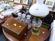 A VICTORIAN OIL LAMP, A WRITING BOX AND A DECANTER STAND.