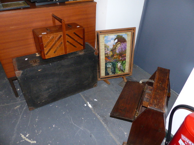 TWO SEWING BOXES, A SUITCASE AND A FIRESCREEN.
