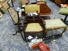 AN EDWARDIAN ARMCHAIR AND A GILT FRAMED STOOL TOGETHER WITH A POLE SCREEN.