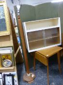 AN OAK STANDARD LAMP, A RETRO TABLE AND WALL CABINET.