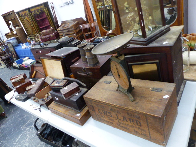 A LARGE COLLECTION OF VICTORIAN AND LATER WORK BOXES, COLLECTABLES, CADBURY CHOCOLATE TIN MONEY