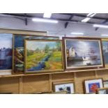 FOUR LARGE FRAMED OIL PAINTINGS AND A GILT FRAMED PRINT.