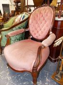 A VICTORIAN SHOW FRAME ARMCHAIR.