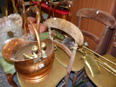 A QTY OF BRASS FIRESIDE TOOLS, COAL BUCKET, CHANDELIERS,ETC.