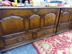 A PAIR OF BESPOKE OAK MULE CHEST FORM CABINETS.