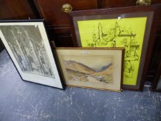 A QTY OF 19th.C.AND OTHER PRINTS AND PICTURES AND A LARGE WATERCOLOUR SIGNED ALBERT POLLITT.