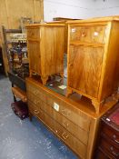 A PAIR OF WALNUT BEDSIDE CABINETS AND A RETRO CHEST.