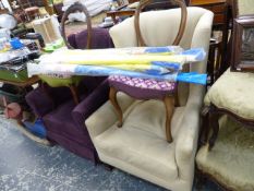 TWO EDWARDIAN WING ARMCHAIRS AND TWO OF BALLOON BACK CHAIRS