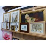 A PAIR OF COLOURED ETCHINGS AND VARIOUS PAINTINGS AND PRINTS.
