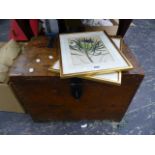 AN ANTIQUE PINE TRUNK AND TWO 19th.C.ENGRAVINGS.