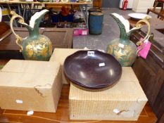 A PAIR OF VICTORIAN VASES, BOXED GLASSWARE AND A BAKELITE BOWL.