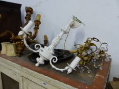 THREE PAPIER MACHE TRAYS, CHANDELIERS,ETC.