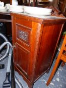 AN OAK GATELEG TABLE, AN OCCASIONAL TABLE AND A POT CUPBOARD.