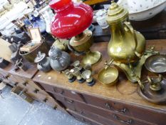 AN OIL LAMP, METALWARES AND TOOLS.