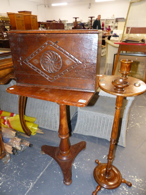 A VICTORIAN OCCASIONAL TABLE, AN OAK BOX AND A SMOKER'S STAND.