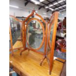 A SATINWOOD TRIPTYCHE MIRROR, A GILT FRAMED MIRROR, A PLATED TRAY AND A COAL BUCKET.